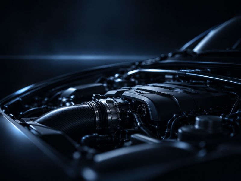 Performance engine bay in a dark studio, lit in blue.