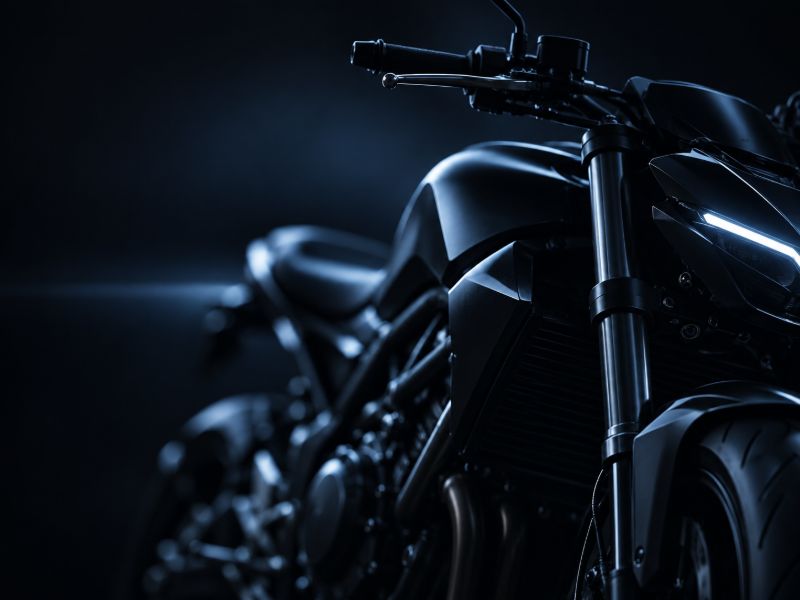 Detail of a dark sport motorcycle in a studio, lit in blue.