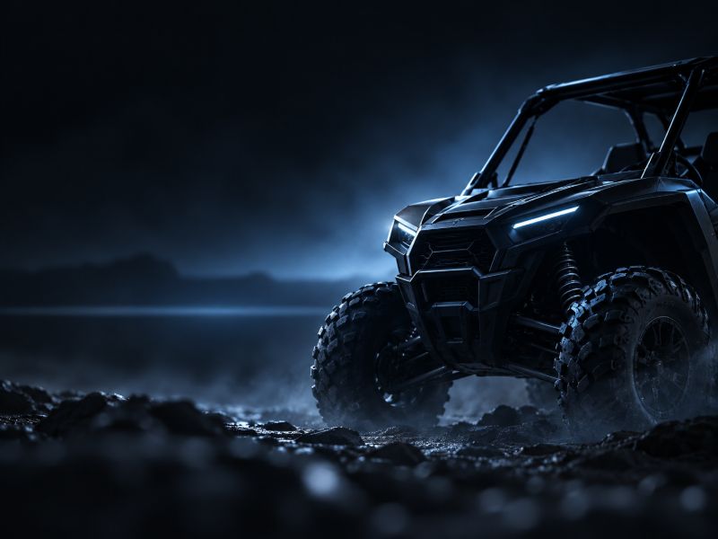 Dark side-by-side UTV on rocky ground in blue haze.